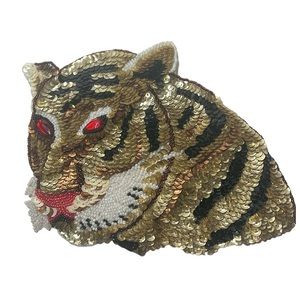 Vintage sequin bead rhinestone Tiger appliqué